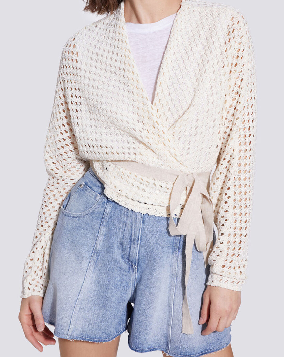 ANKERIA BELTED CROCHET WRAP TOP image number null
